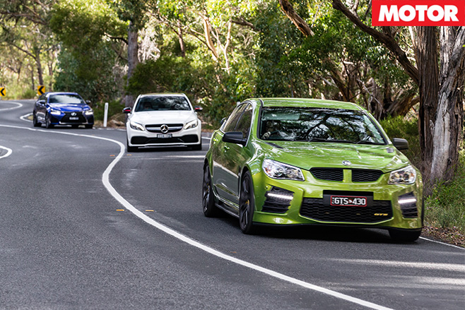 HSV-GTS-vs -Mercedes -AMG-C63-S-vs -Lexus -GS-Fdriving -front