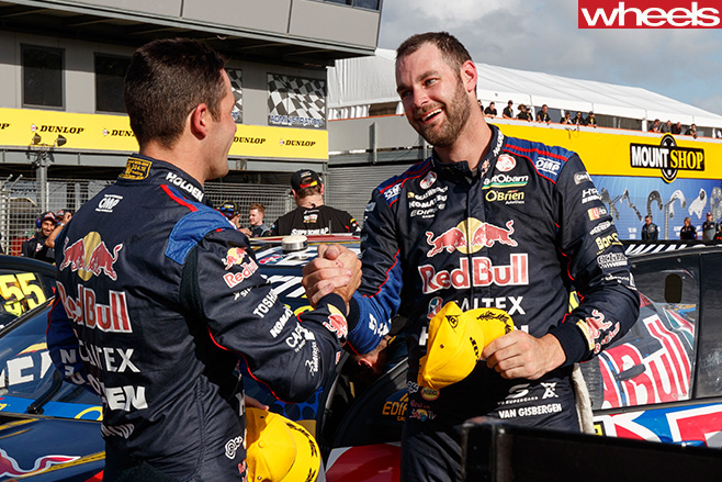 Shane -Van -Gisbergen -shaking -hard -with -V8-Supercars -driver