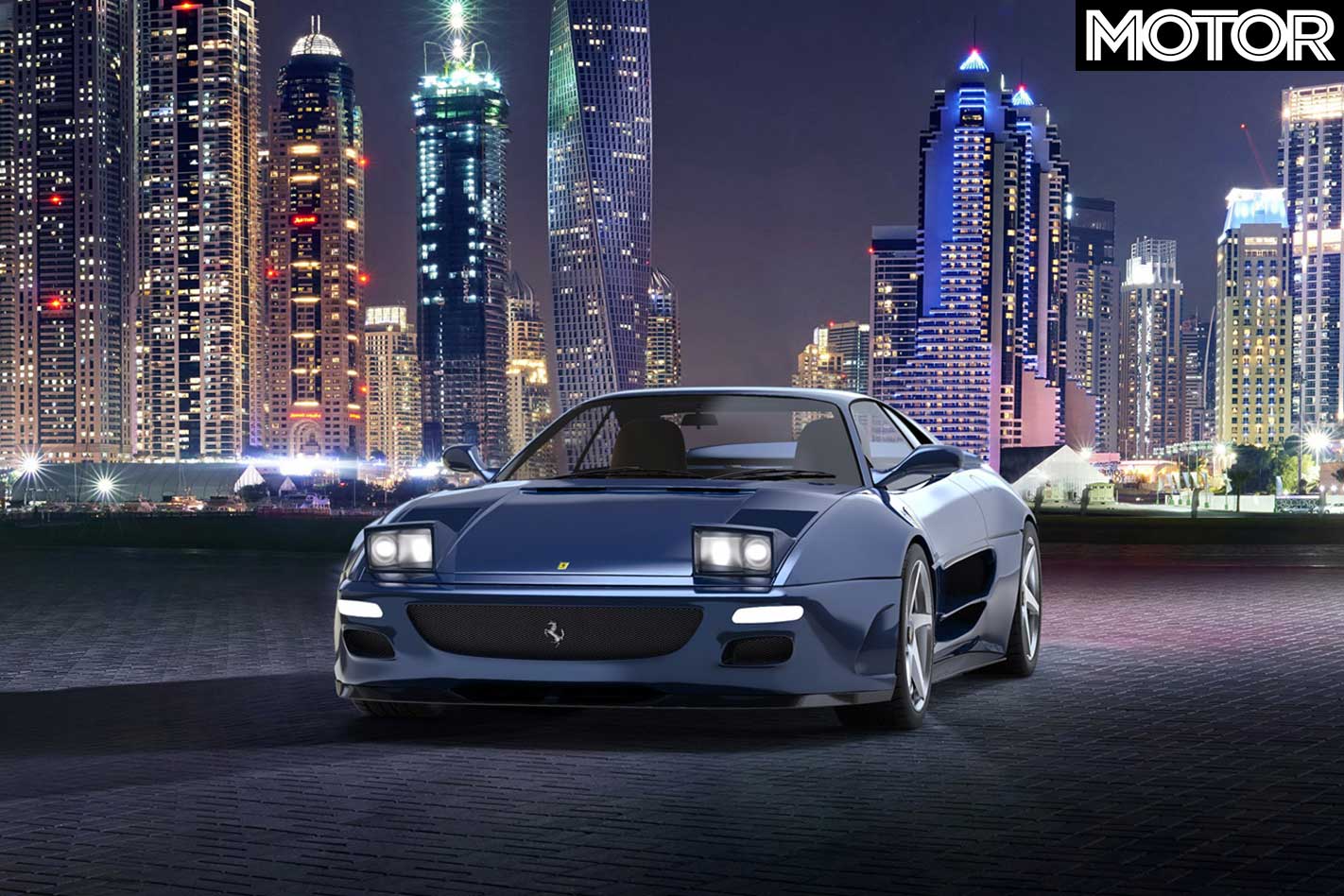 Blue Ferrari 348 by Evoluto Automobili at night