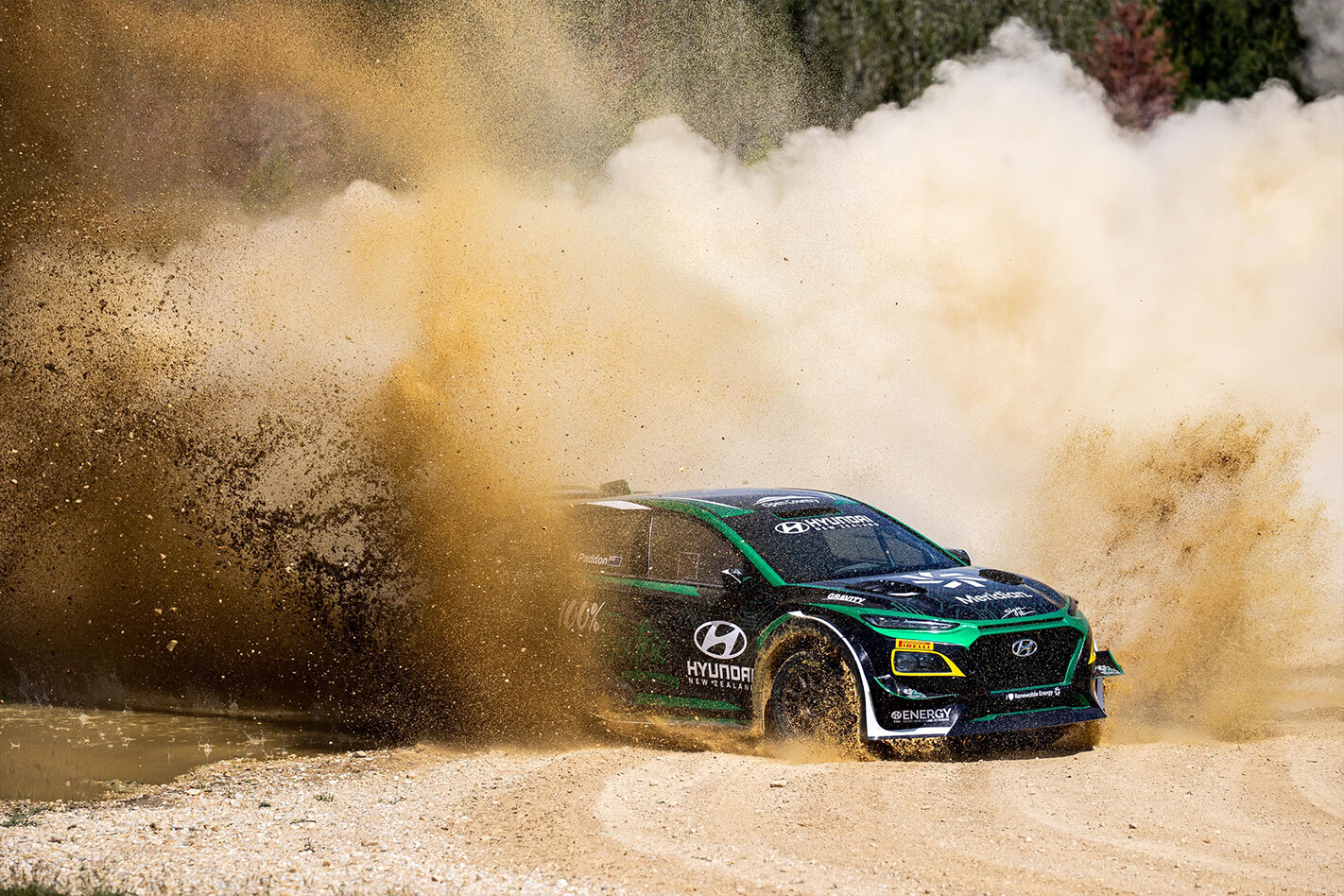 Hyundai Kona EV rally car dirt corner
