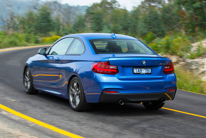 BMW 228i coupe blue rear