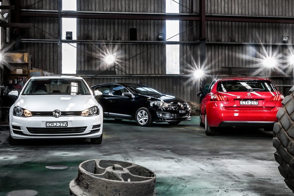 Peugeot 308 Access versus Renault Megane TCe120 versus Volkswagen Golf 90