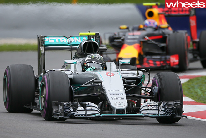 Mercedes -F1-car -driving -front -side