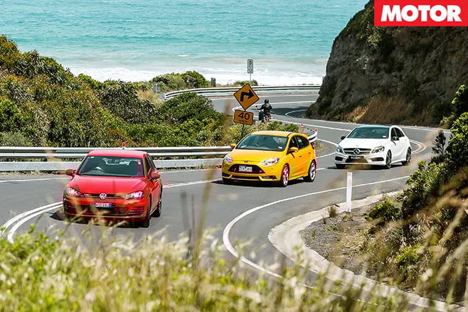 Focus st v golf gti v merc a250 sport turns