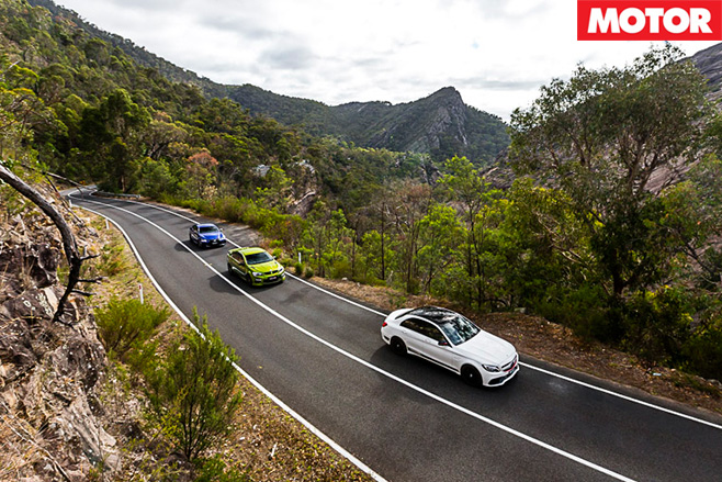 HSV-GTS-vs -Mercedes -AMG-C63-S-vs -Lexus -GS-Fdriving -aerial