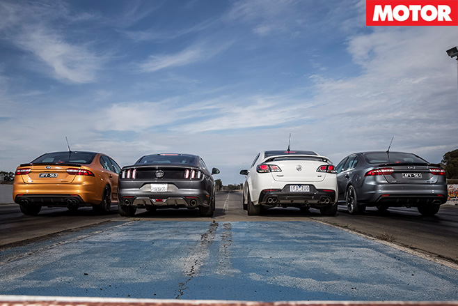 Holden SS-V Redline vs Ford Falcon Sprints vs Ford Mustang GT rear