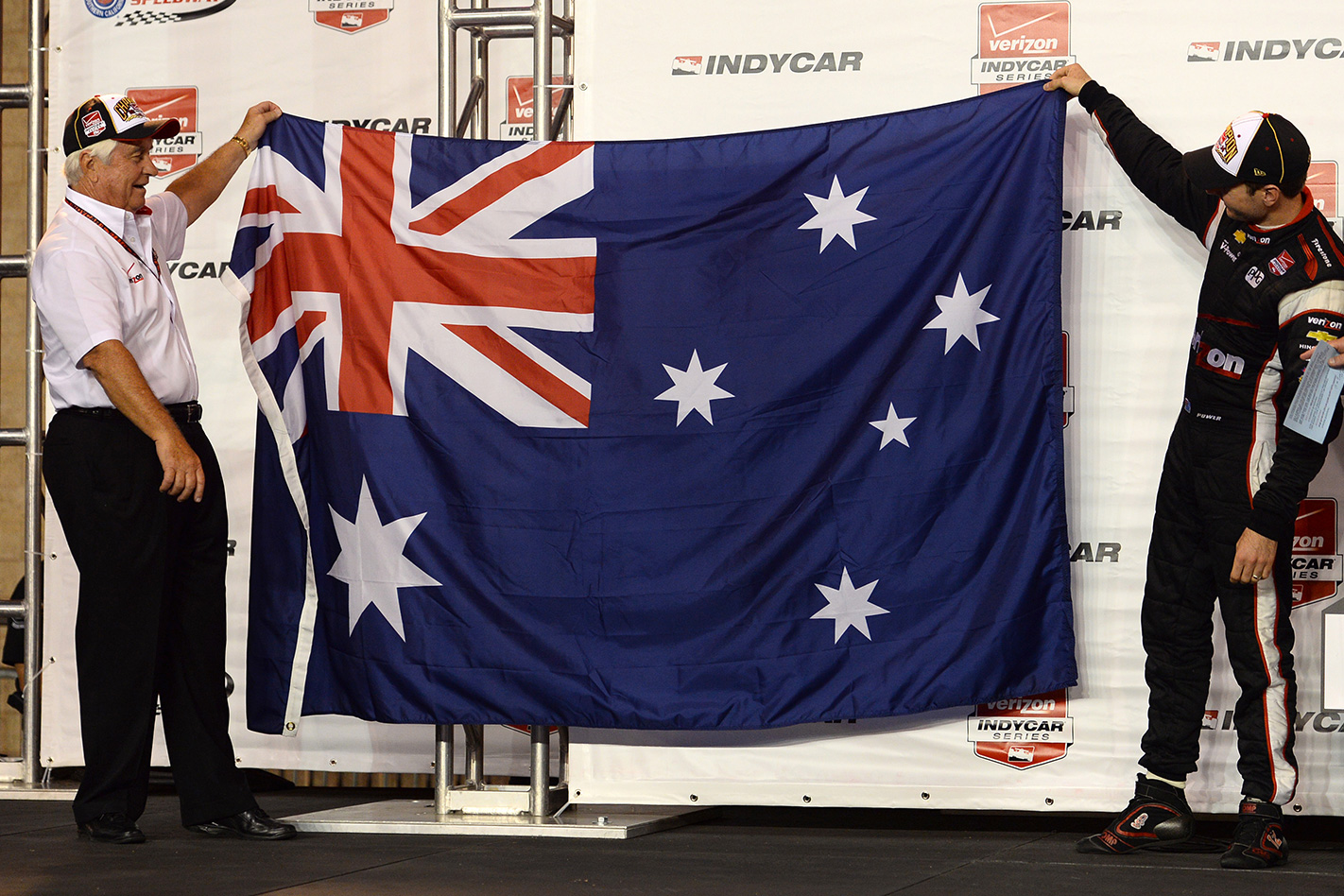 Roger Penske & Will Power with Australian flag