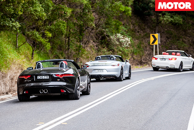 BMW M4 Convertible vs Jaguar F-Type V6 S vs Porsche Boxster GTS rear