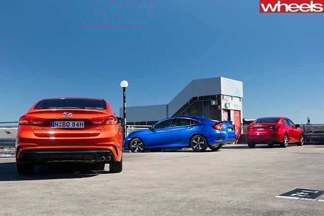 2016-Mazda -3-SP25-Astina -vs -Honda -Civic -RS-vs -Hyundai -Elantra -SR-rear -sidejpg