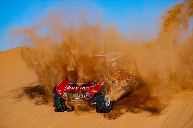 Stephane Peterhansel driving a Mini during Dakar 2020.