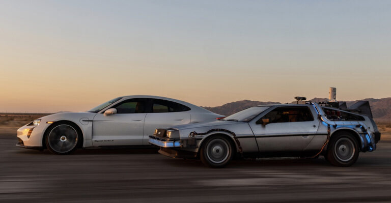 Porsche Taycan and DeLorean DMC-12