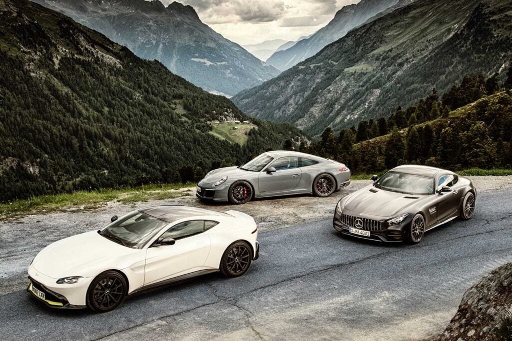 2018 Aston Martin Vantage vs Porsche 911 Carrera 4 GTS vs Mercedes-AMG GT C performance comparison review