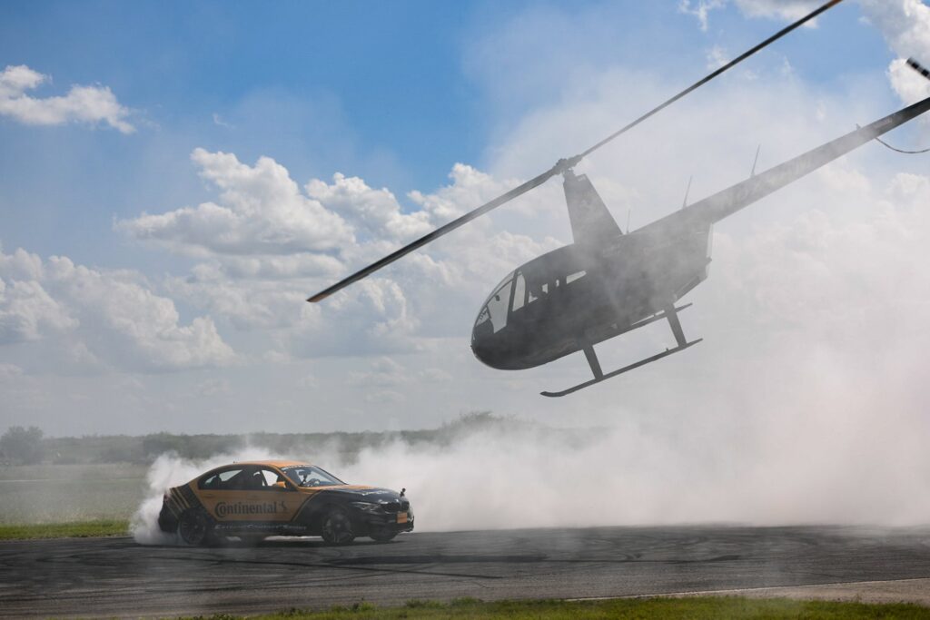 Continental helicopter car burnout lap