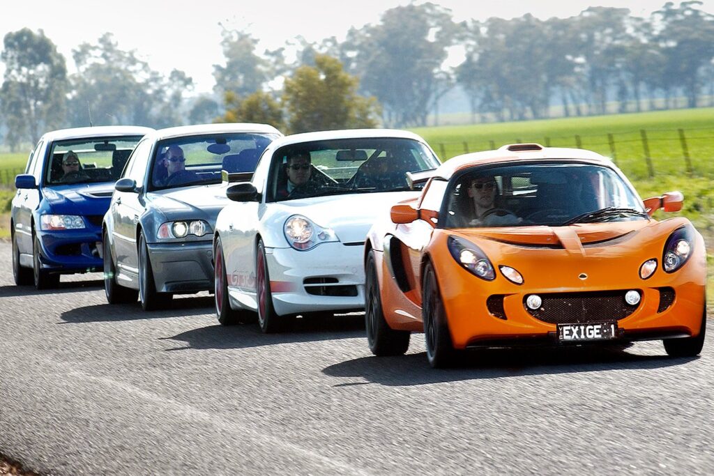 BMW M3 CSL v Porsche GT3 RS v Mitsubishi Evo VIII v Lotus Exige