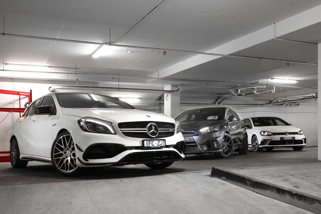 Ford Focus RS vs Mercedes-AMG A45 vs VW Golf GTI 40 Years