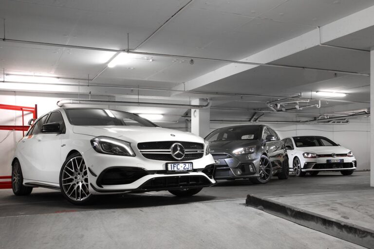 Ford Focus RS vs Mercedes-AMG A45 vs VW Golf GTI 40 Years
