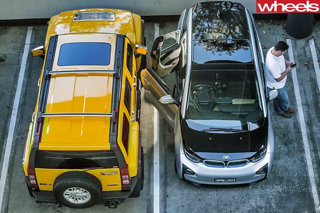 BMW-i 3-side -parked -top -view -birds -eye