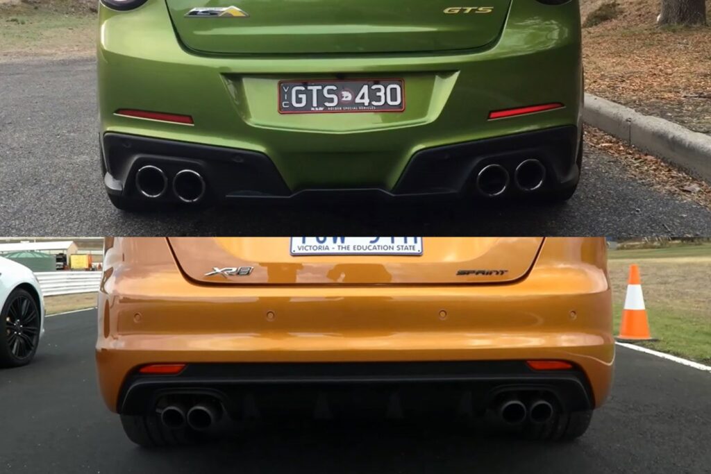 HSV GTS vs Ford Falcon XR8 Sprint rev battle