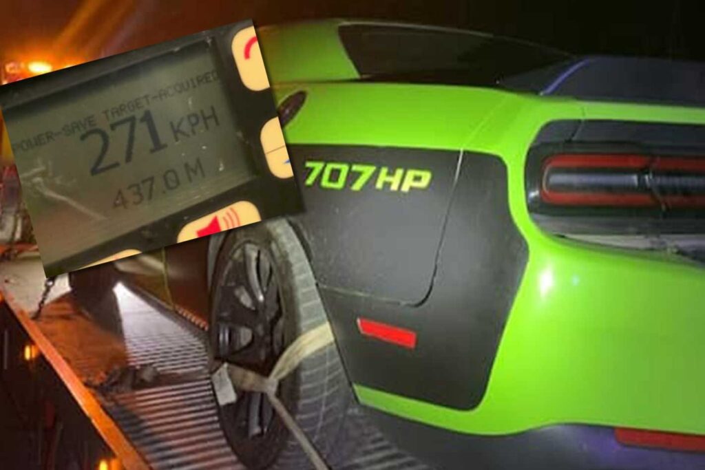 Dodge Challenger Hellcat tyre blowout police