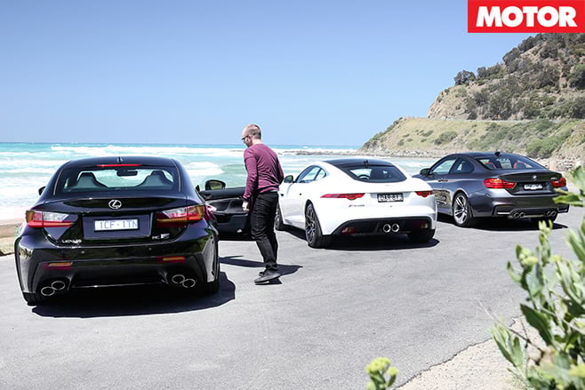 BMW M4 vs Lexus RC F vs Jaguar F-Type Coupé V6 S rears