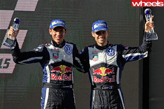 Julien -Ingrassia -Sebastien -Ogier -celebrate -podium-