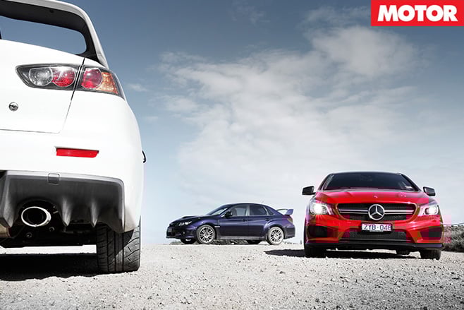CLA45 AMG v Lancer Evo X MR v Subaru WRX STI 1