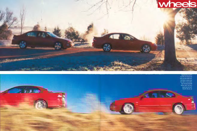 2001-Ford -Falcon -driving -Holden -Commodore -side