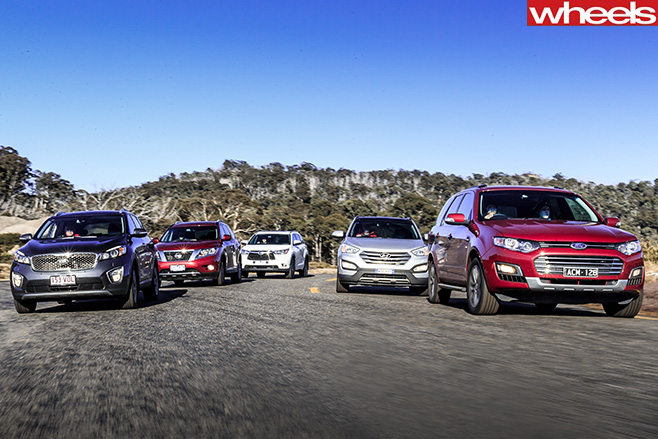 Ford -territory -v -hyundai -santa -fe -v -kia -sorento -v -nissan -pathfinder -v -toyota -kluger -driving -together -review