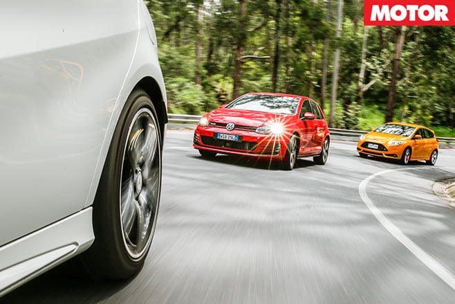 Focus st v golf gti v merc a250 sport driving front