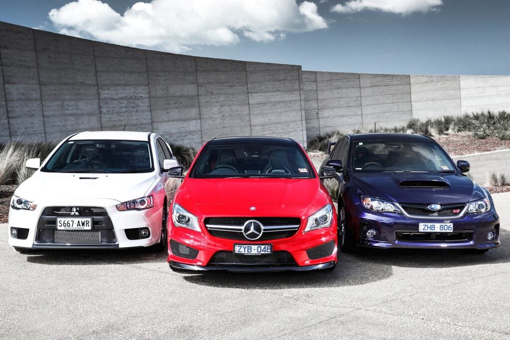 CLA 45 AMG v Lancer Evo X MR v Subaru WRX STI