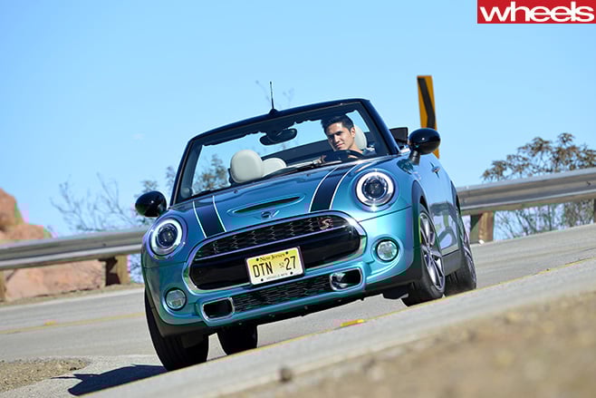 Mini -Cooper -S-Convertible -Caribbean -Aqua -driving -front -corner