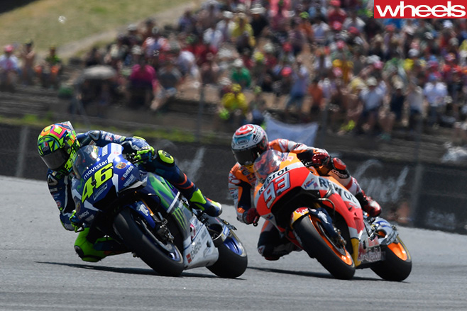 Valentino -Rossi -riding -motorbike -Moto GP-Marc -Marquez
