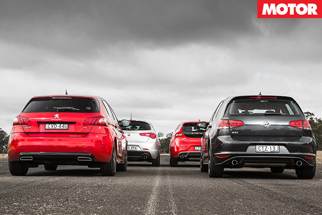 Golf GTI vs V40 T5 vs 308 GT vs Giulietta QV rear