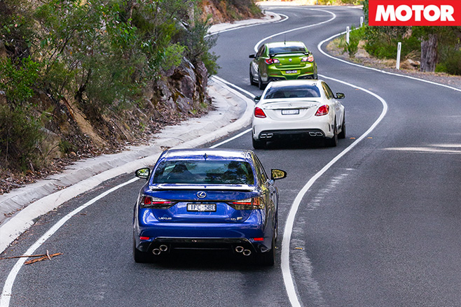 HSV-GTS-vs -Mercedes -AMG-C63-S-vs -Lexus -GS-Fdriving -rear