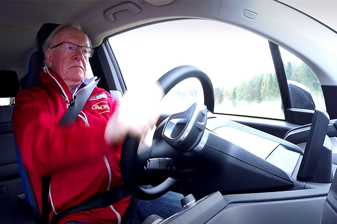 Rauno Aaltonen drifts bmw i3 rally
