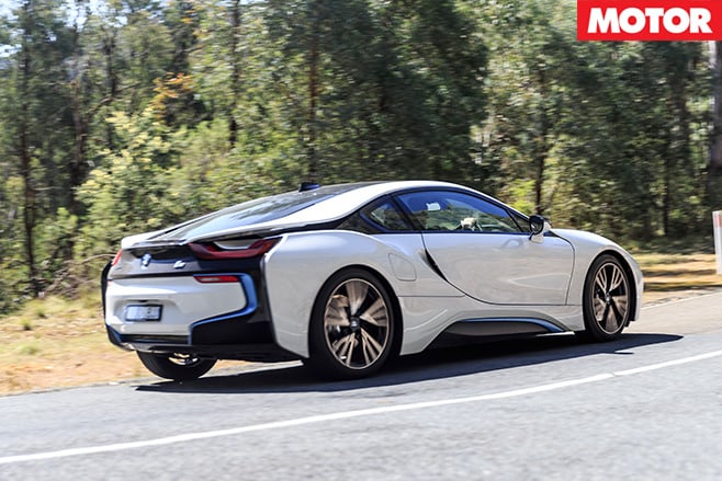 BMW i8 driving rear