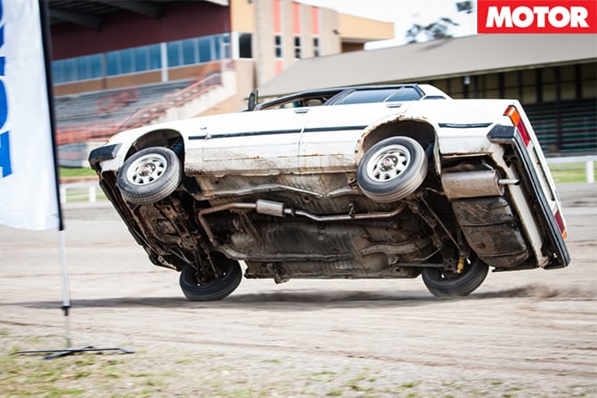 Stunt driving car two wheels