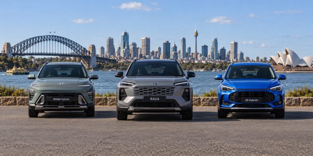 Three hybrid SUVs parked side by side with the Sydney skyline, Harbour Bridge, and Opera House in the background.