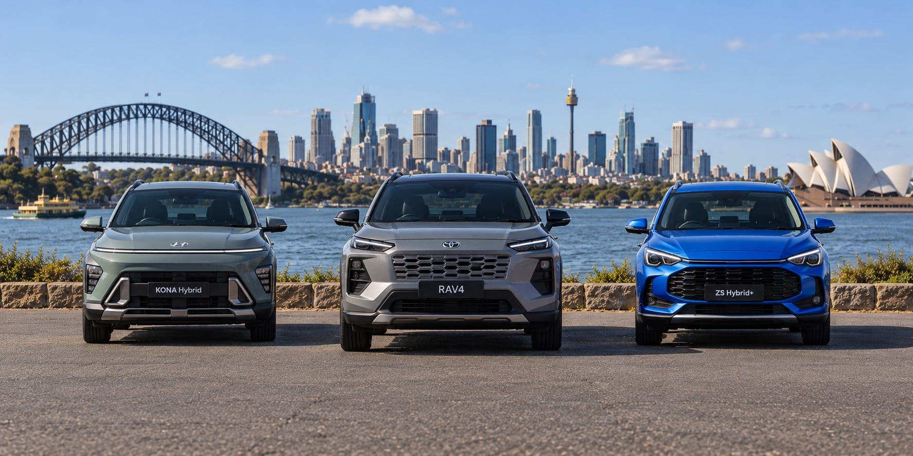 Three hybrid SUVs parked side by side with the Sydney skyline, Harbour Bridge, and Opera House in the background.