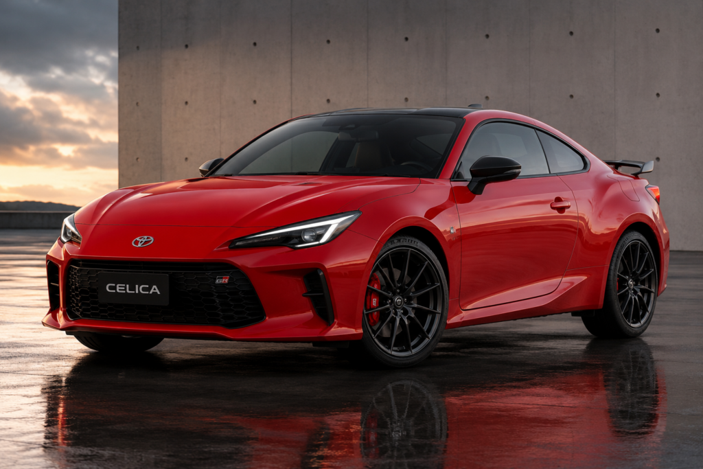 Red Toyota Celica sports coupe parked on a wet pavement with a concrete wall backdrop and low-angle view showcasing its aggressive front end and black alloy wheels
