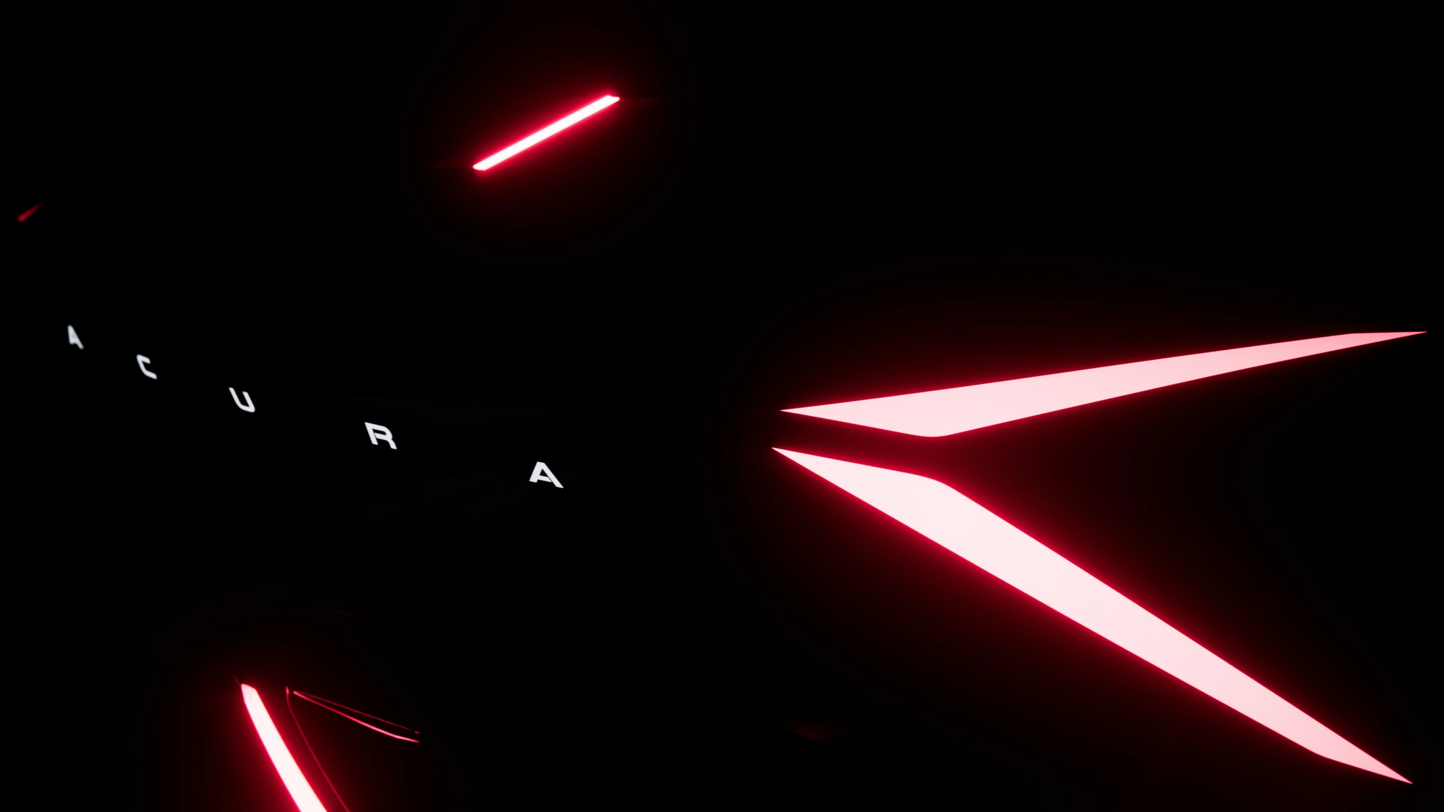Abstract dark scene with red neon light bars and the letters 'ACURA' along a curved edge, suggesting a stylized car brand logo edge.