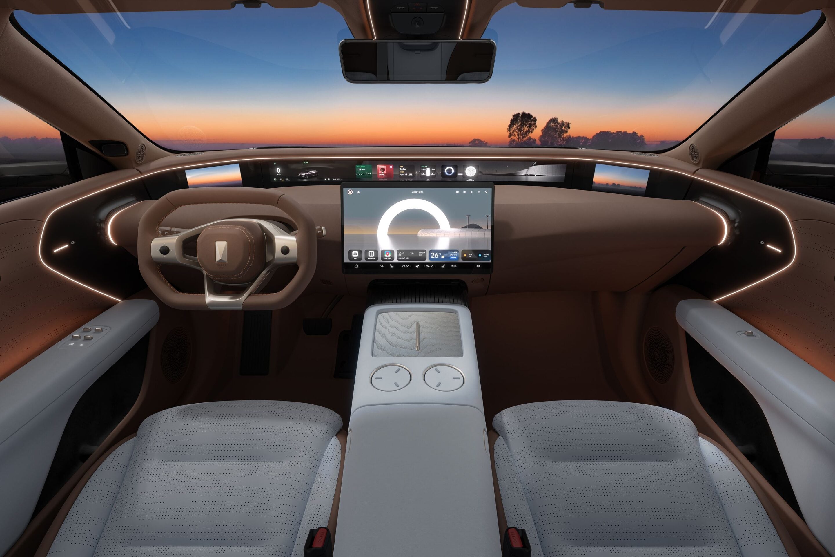 Futuristic car cabin with a large central touchscreen, tan upholstery, and ambient lighting, sunset visible through the windshield.",
