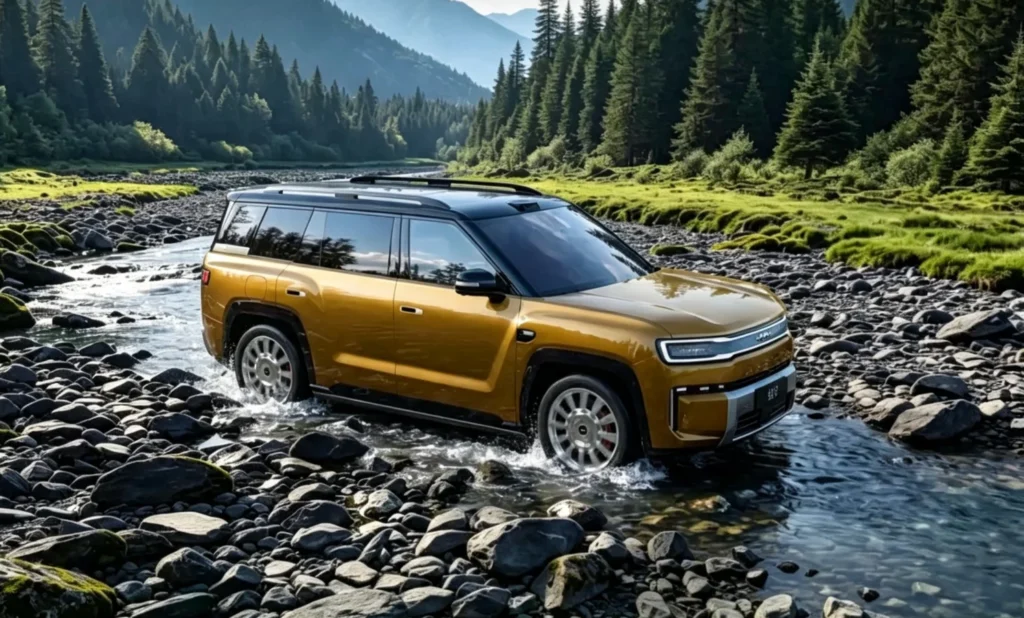 Gold SUV crosses a shallow, rocky river in a forested valley with mountains in the background.