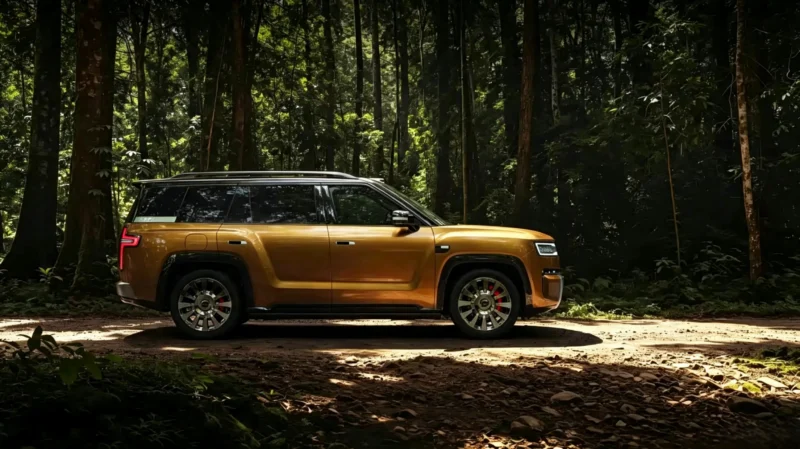 Gold SUV parked on a dirt forest path, surrounded by trees and dappled sunlight
