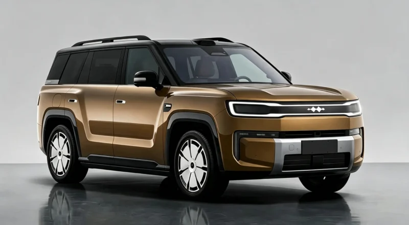 Gold SUV shown from a front three-quarter view with black roof rails and chrome accents on a reflective surface.