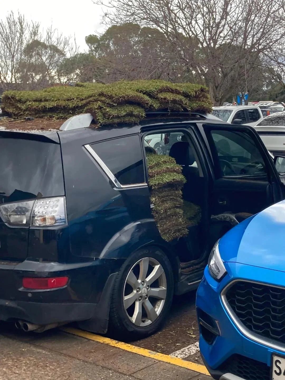 Black SUV with large piles of sod stacked on the roof and along the side, parked in a lot with other cars nearby.