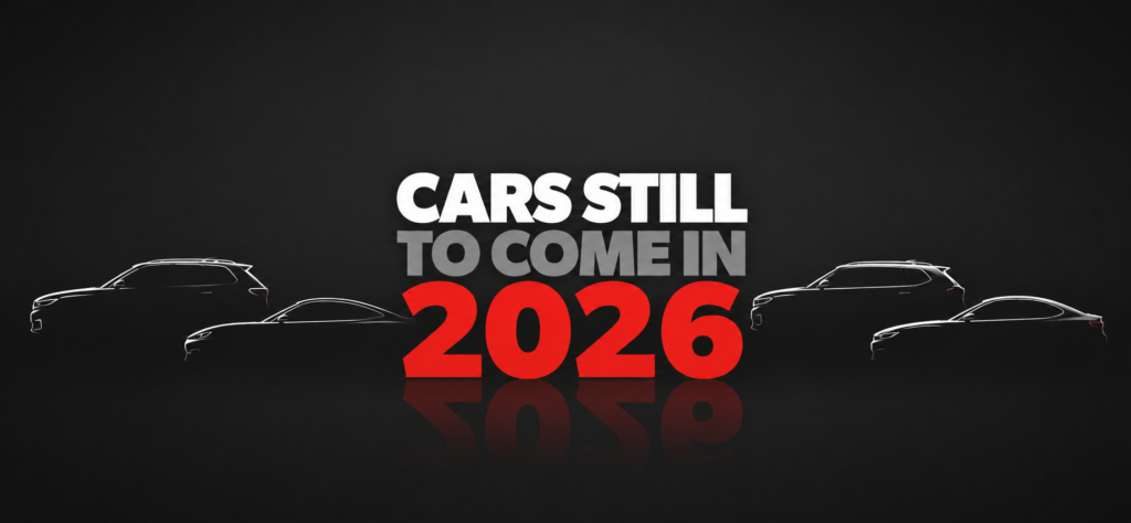 Dark hero banner with the headline 'CARS STILL TO COME IN 2026' in white/gray, bold red '2026', and white-outlined car silhouettes along the bottom with a subtle reflection to the right.