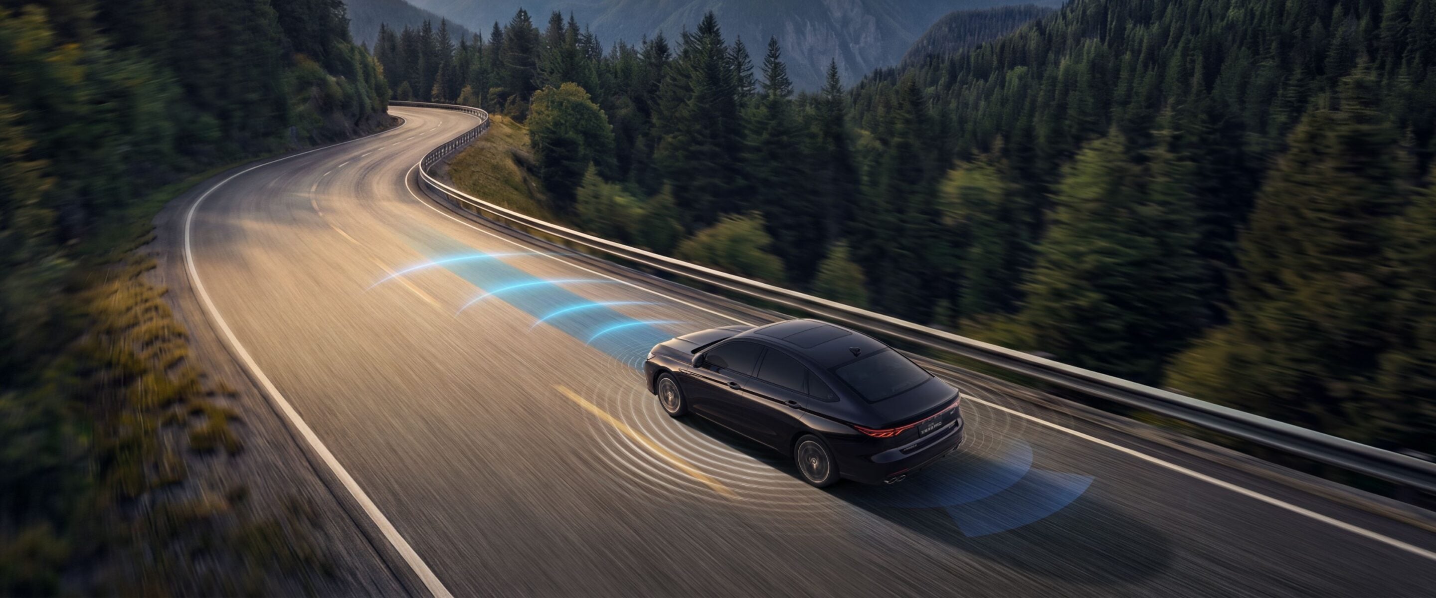 Black sedan driving on a winding mountain road with blue sensor waves indicating autonomous driving capabilities.