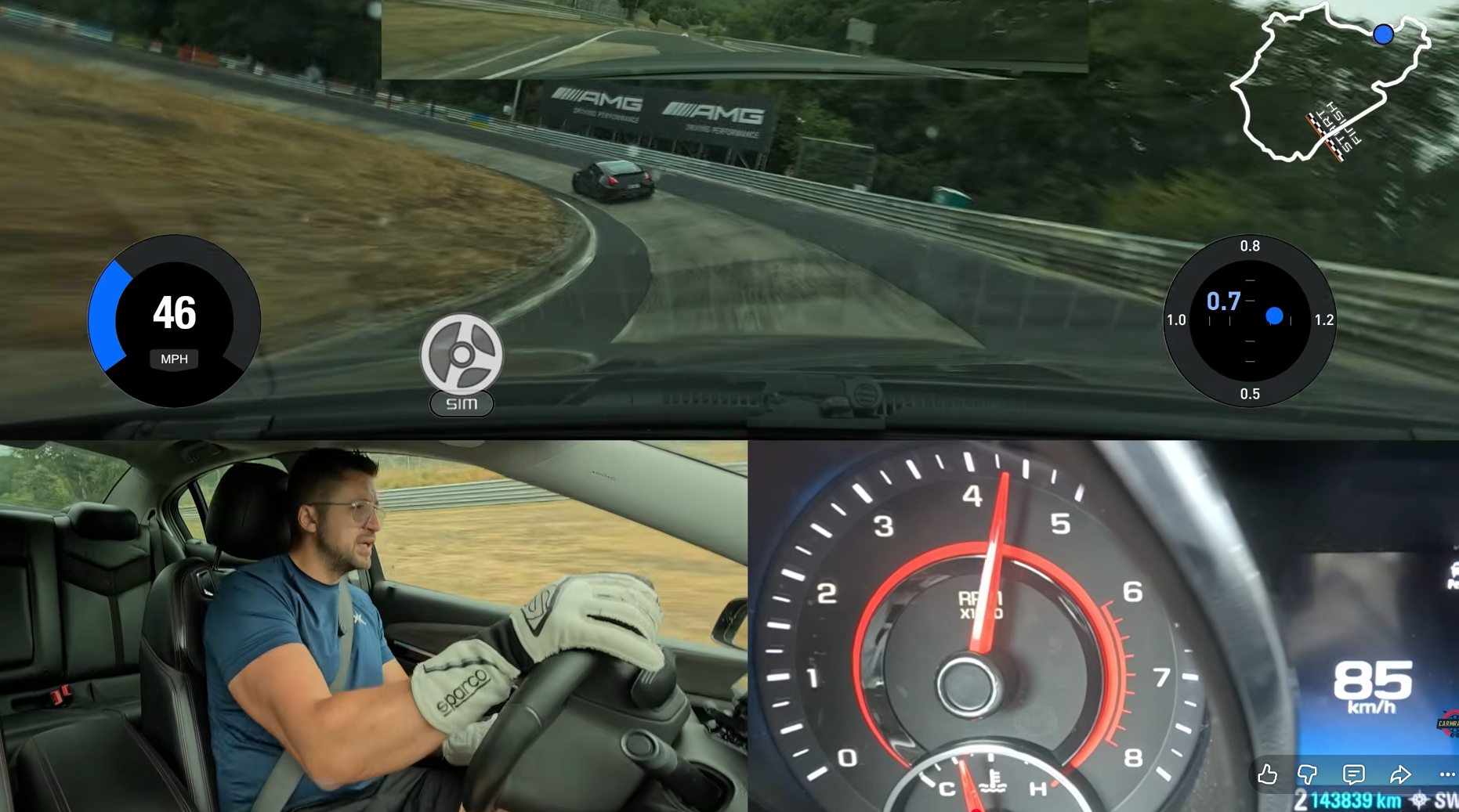 Split-screen driving scene: track ahead from the cockpit, with a driver in the left seat and dashboard gauges visible (speed ~46 mph, tachometer ~85 km/h).