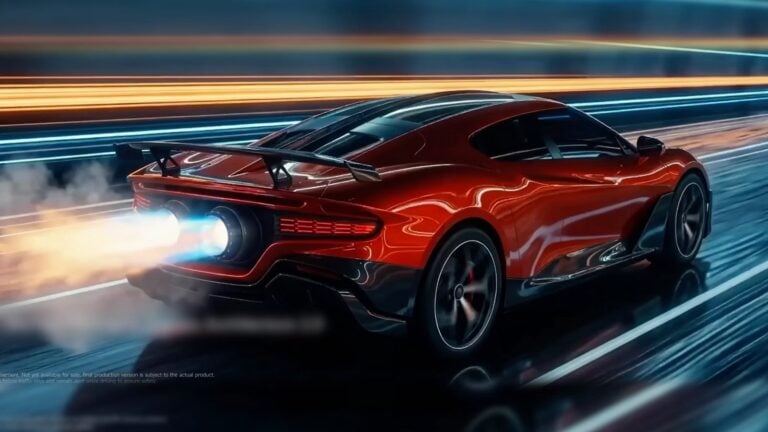 Red sports car with a large rear spoiler speeding on a neon-lit track, motion blur in the background.